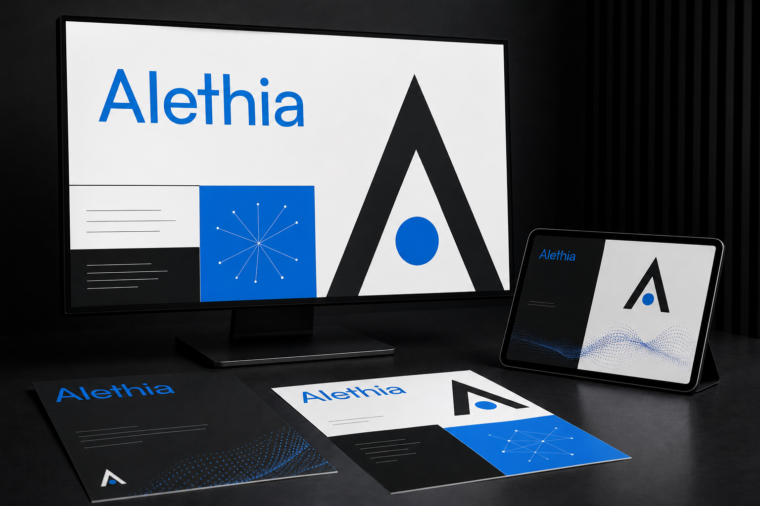 Alethia identity system across digital and print applications